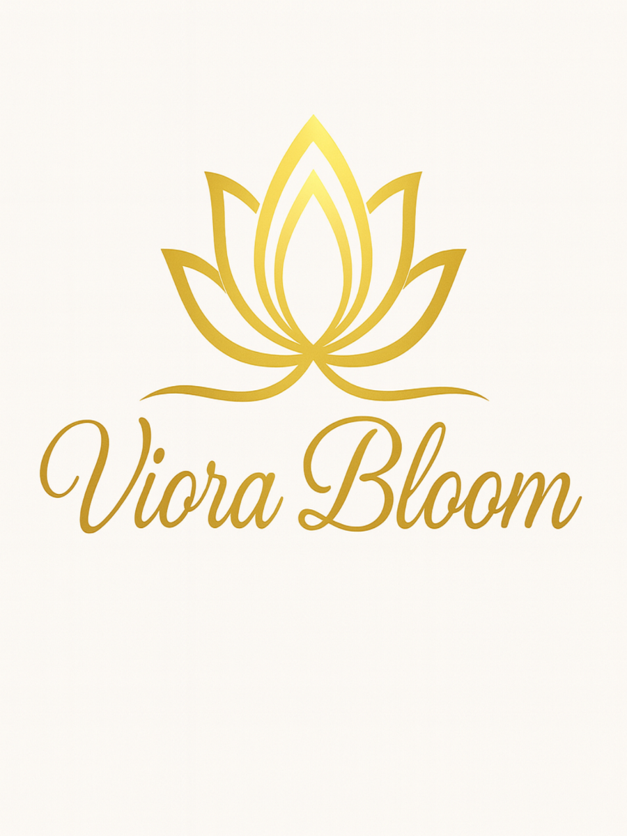 Gold lotus flower logo with 'Viora Bloom' text on a white background